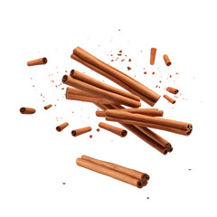 Falling cinnamon sticks isolated on transparent a white background