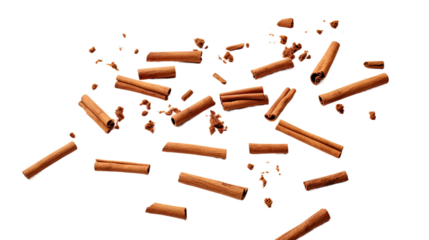 Falling cinnamon sticks isolated on transparent a white background