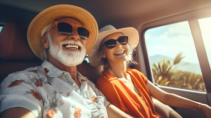 Happy elderly couple in car travel. Adventure travel, active holiday. Banner