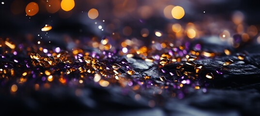 Vibrant purple, violet, and gold glitter bokeh background with captivating shining texture