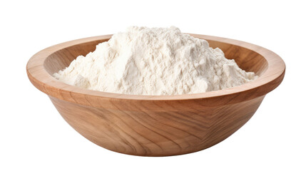 Flour in a wooden bowl isolated on a white background