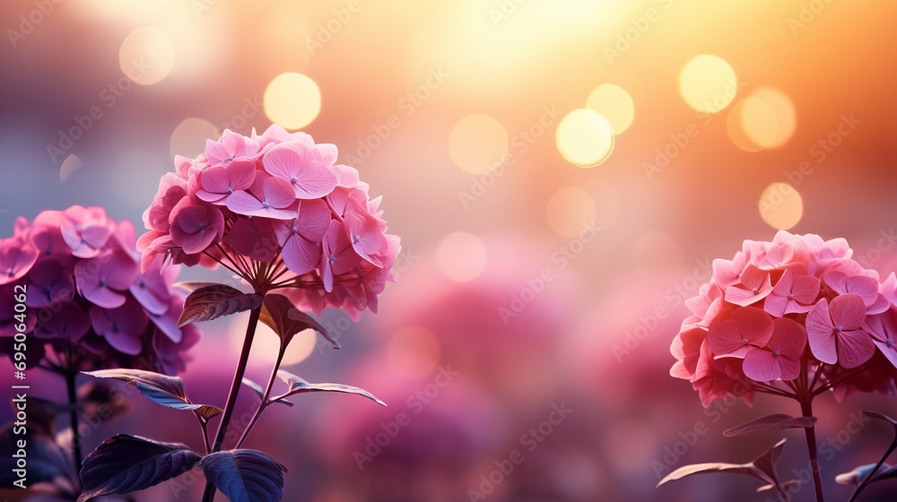 Poster vibrant hydrangea flowers on mesmerizing bokeh backdrop with captivating narrative effect
