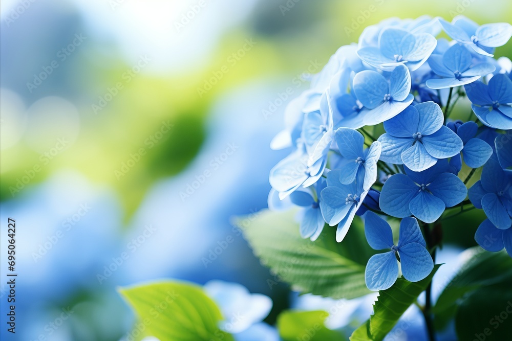 Poster contrasting hydrangea flowers on soft bokeh background with copy space for text placement