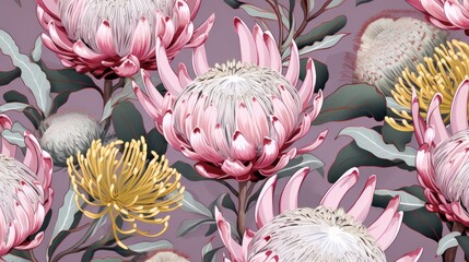  a bunch of pink flowers with green leaves on a purple background with a white and yellow flower in the center.