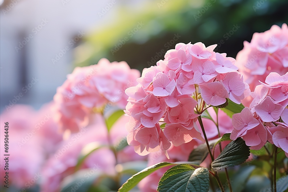 Poster contrasting hydrangea flowers on soft bokeh background with copy space for text placement