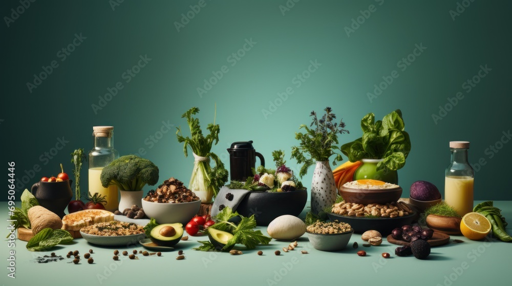 Poster a table topped with lots of different types of food next to a bottle of juice and a bowl of fruit an