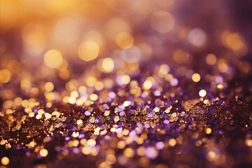 Enchanting purple and violet glitter bokeh background with a captivating gold shining texture