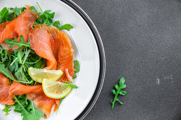 salmon salad fish seafood eating cooking appetizer meal food snack on the table copy space food background rustic top view 