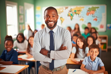 Smiling teacher giving a class in a school classroom, conveying leadership and inspiration to his...