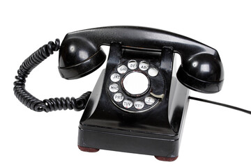 An old bakelite dial phone on a transparent background.