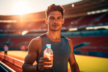 Young athlete hydrates in a stadium, exuding health and energy at sunset.