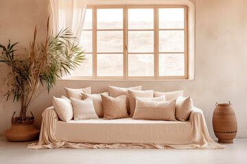 Serene interior featuring a sofa with neutral-toned pillows, natural light, and views of nature.
