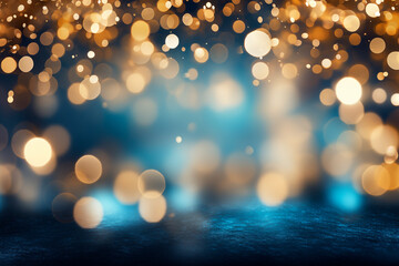 Fototapeta na wymiar Abstract background of defocused golden and blue bokeh lights, creating a magical effect.