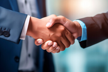 Obraz premium Two professionals sealing an agreement with a handshake in a corporate setting.