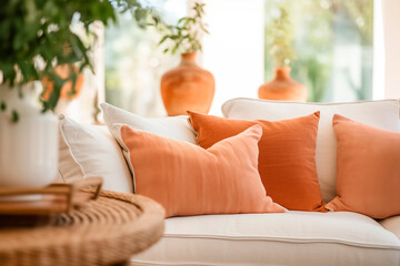  White sofa with orange cushions, a tranquil setting with elegant interior decor.