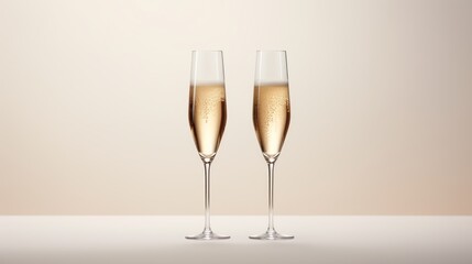 two glasses of champagne sitting next to each other on a white table with a light colored wall in the background.