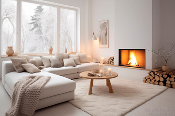 Cozy contemporary living room with a lit fireplace and snowy view.