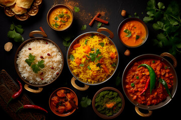 Variety of Indian dishes with rice and curry, featuring bold flavors and vibrant colors