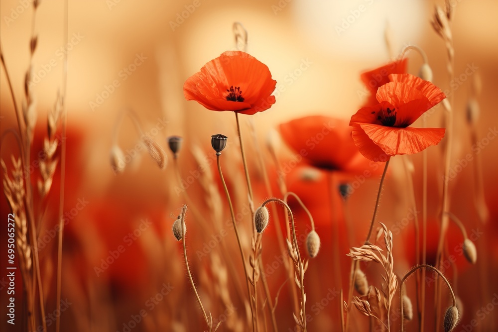 Poster contrasting poppy flowers on soft bokeh background with blurred backdrop and text copy space