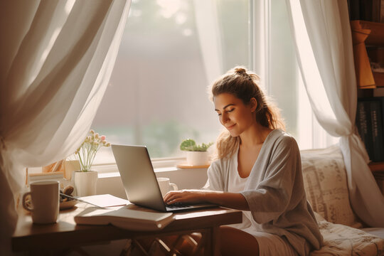 Focused Woman Studying On A Laptop, Surrounded By Books And Plants, With Natural Light