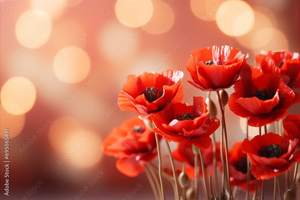 Poster Enchanting bokeh background with vibrant poppy flowers and ample text space for captivating design.