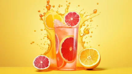 Foto op Plexiglas  grapefruit, lemon, and grapefruit are splashing into a glass of water on a yellow background. © Olga
