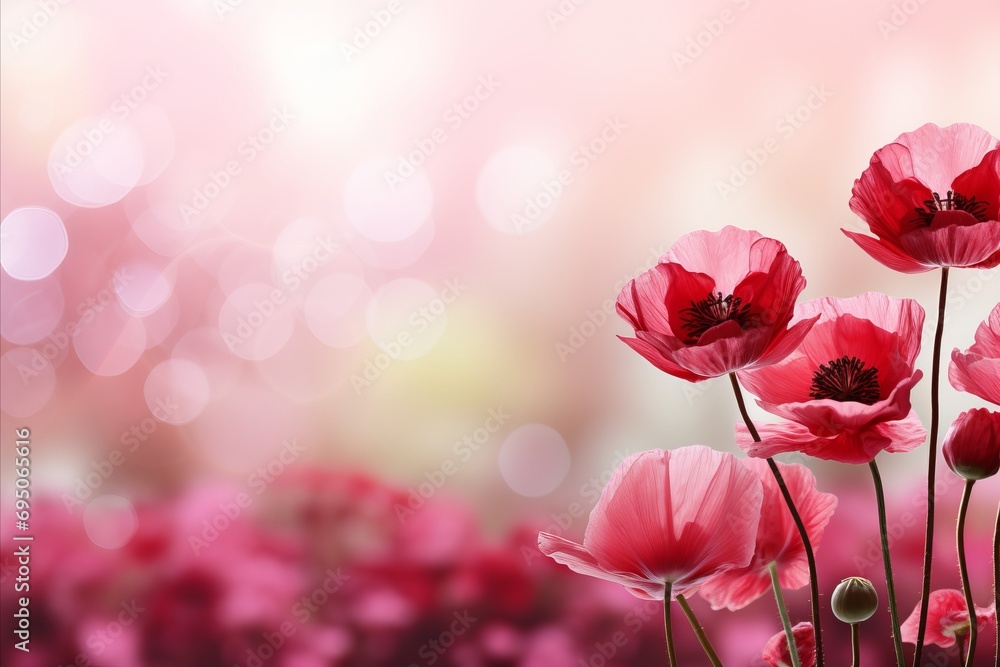 Poster contrasting poppy flowers on soft bokeh background with captivating and ethereal narrative effect