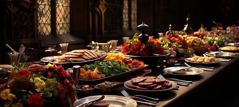 Medieval castle banquet  opulent feasts, candlelit splendor, golden sunlight through stained glass