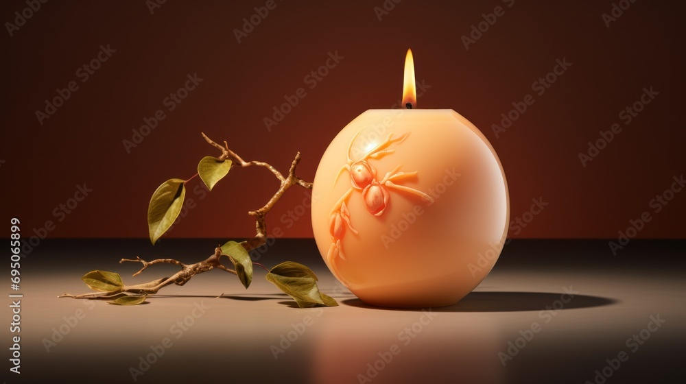 Poster a candle that is sitting on a table next to a vase with a flower on it and a twig sticking out of it