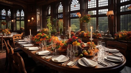Medieval castle banquet with candlelit tables, royal feasts, golden sunlight through stained glass - obrazy, fototapety, plakaty