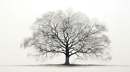  a black and white drawing of a tree with no leaves on a snowy hill with a white sky in the background.