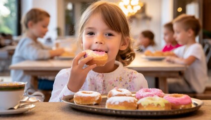 Child eating a donut. Carnival, Fat Thursday, sweets in the children's diet - obrazy, fototapety, plakaty