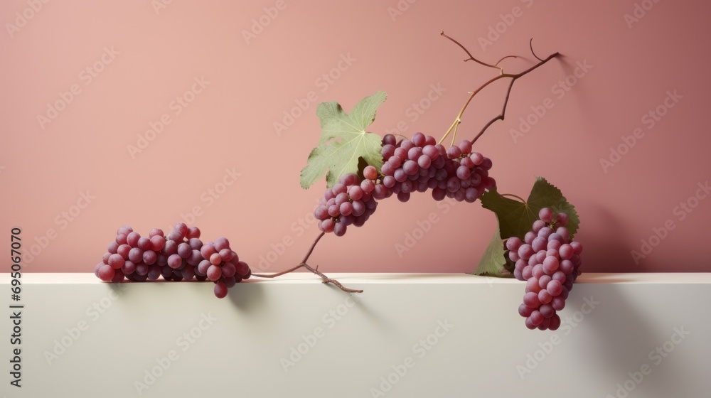 Poster a close up of a bunch of grapes on a branch with a pink wall in the background and a branch with gre