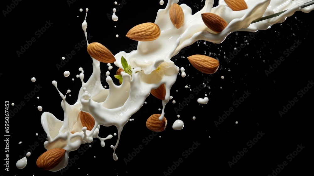 Poster almonds falling into a milk splash with milk splashing out of the top and almonds on the bottom of t