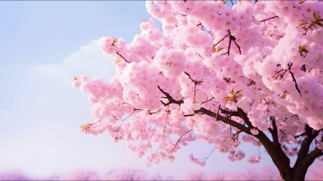 Bloom pink cherry blossoms tree. loop