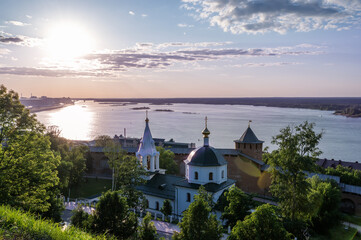 Nizhny Novgorod. Stunning summer sunset in Nizhny Novgorod with a view of the arrow and the...
