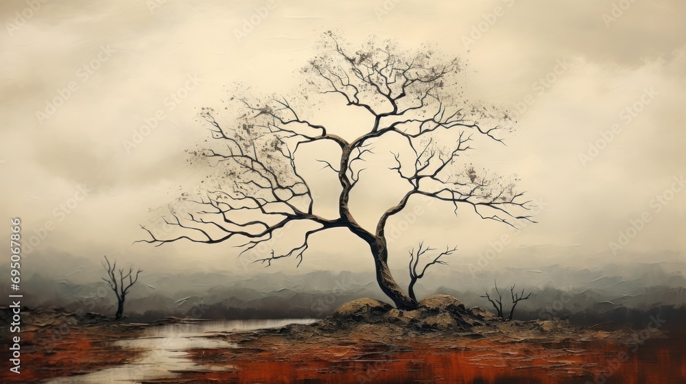 Poster a painting of a tree in the middle of a field with a stream in the foreground and a cloudy sky in th