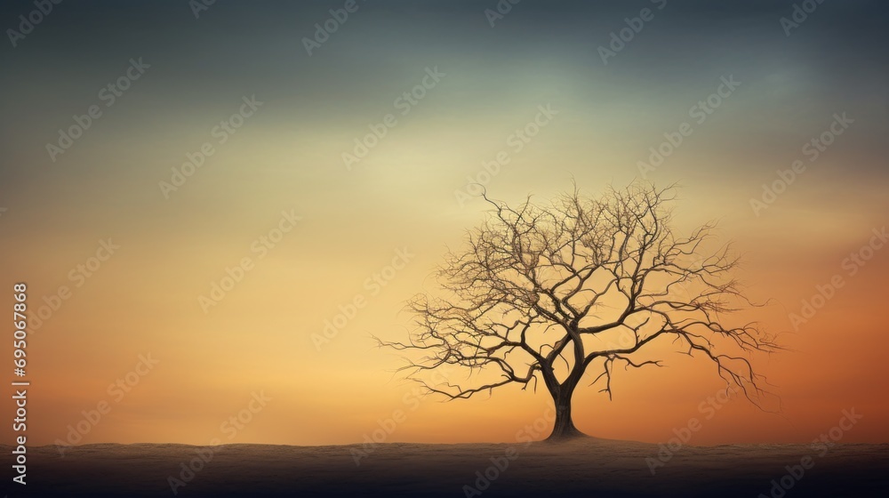 Poster a lone tree in the middle of a field with a red sky in the background and a few clouds in the sky.