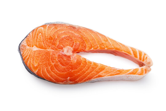 Fresh raw salmon fish steak, one piece of trout isolated on white background, top view