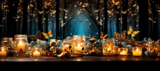 Foto op Aluminium Enchanted forest clearing with fireflies, fairies, and woodland creatures under magical fairy aura © Ilja