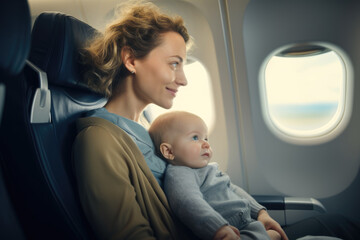 Mother with a baby in her arms prepares for flight takeoff in an airplane seat