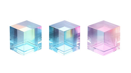 Set of 3d crystal glass cubes with refraction and holographic effect isolated on transparent or white background