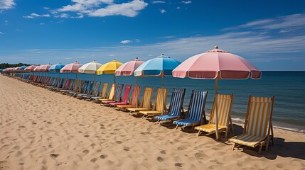 Colorful beach huts and flowers on lively seaside boardwalk for summer fashion promotion