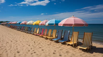 Keuken foto achterwand Afdaling naar het strand Colorful beach huts and flowers on lively seaside boardwalk for summer fashion promotion