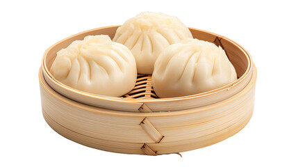 Steamed stuff custard bun in bamboo basket isolated on transparent or white background