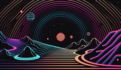 Planet and space abstract background retro neon background