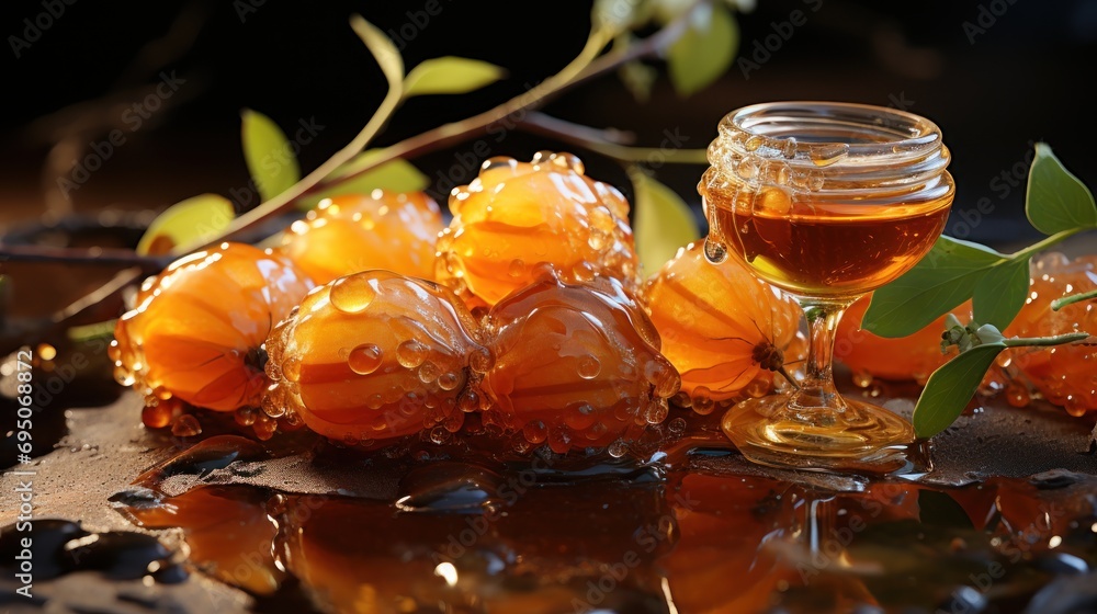 Poster a jar of honey sitting on top of a table next to a bunch of oranges on top of a table.