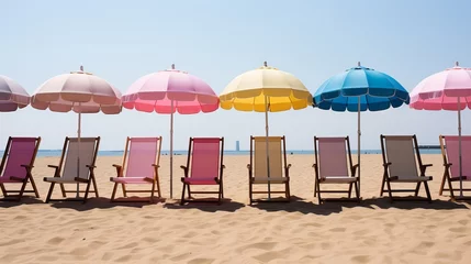 Foto op Plexiglas Vibrant beach boardwalk with colorful huts and sun umbrellas, perfect for summer apparel promotion © Ilja