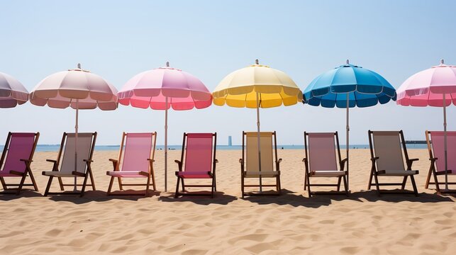 Vibrant beach boardwalk with colorful huts and sun umbrellas, perfect for summer apparel promotion