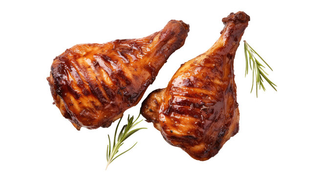 Tasty Grilled Chicken Leg On White Background, Top View. BBQ Food